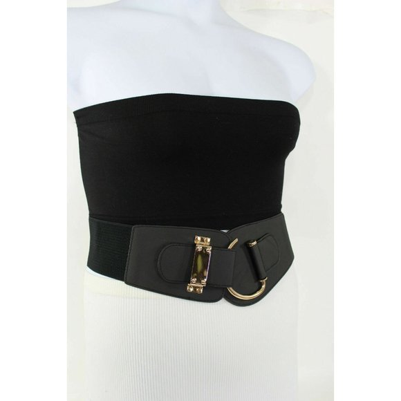 Women Gold Metal Hook Buckle Black Color Belt Wide Elastic  Hip Waist Size L XL - Picture 12 of 13